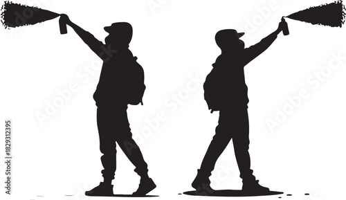 Silhouettes of two people spraying graffiti, isolated on