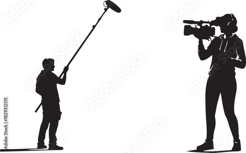 Filming crew with video camera and boom mic silhouettes isolated on white