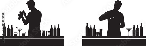 Bartenders preparing cocktails behind a bar, isolated on