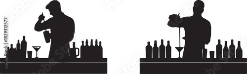 Bartender silhouettes preparing drinks behind a bar counter
