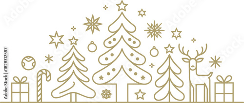 Festive Christmas Scene with Trees, Reindeer, Gifts, and Ornaments