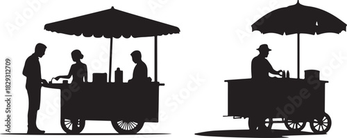 Silhouettes of street food vendors and customers, isolated on