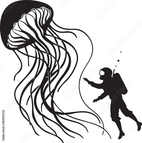 Diver and giant jellyfish silhouette in the ocean, isolated on