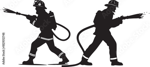 Two firefighter silhouettes spraying water, isolated on