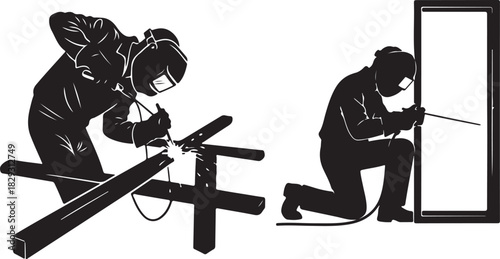 Silhouettes of welders working with metal and a frame, isolated on