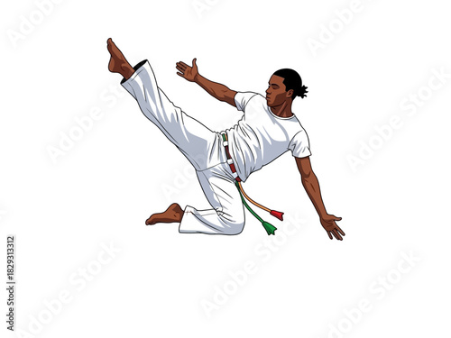 Capoeira Performer in White Uniform Executing a Dynamic Kick