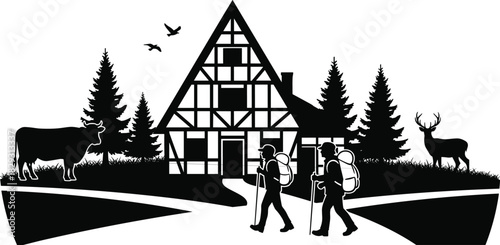 Hikers walking toward an alpine half-timbered house in a forest, surrounded by pine trees, a cow, and a deer, silhouette vector illustration for travel and nature content.