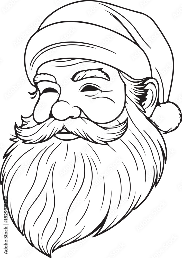 Obraz premium Santa Claus head outline with fluffy beard and tilted hat silhouette