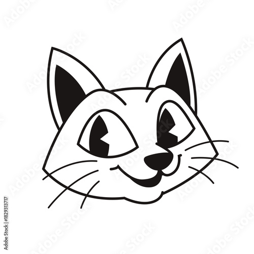 Simple Outline Cartoon Cat Face with Cheerful Expression Vector Illustration