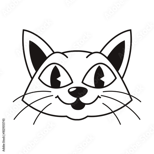 Minimalist Outline Adorable Kitten Head Smiling Face Cartoon Vector Illustration