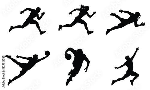 Set of dynamic athlete silhouettes in various running and sports action poses.