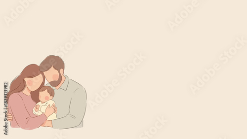 A minimalist illustration of a loving family, a mother and father embracing their young child against a plain background.