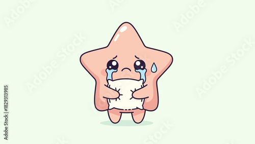 Sad star cartoon character crying and holding a pillow, with tears streaming down its face on a light green background.