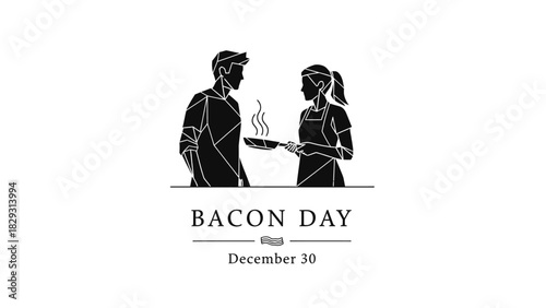 A minimalist black and white vector illustration of a couple celebrating Bacon Day on December 30.