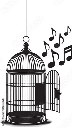 Birdcage with open door and musical notes