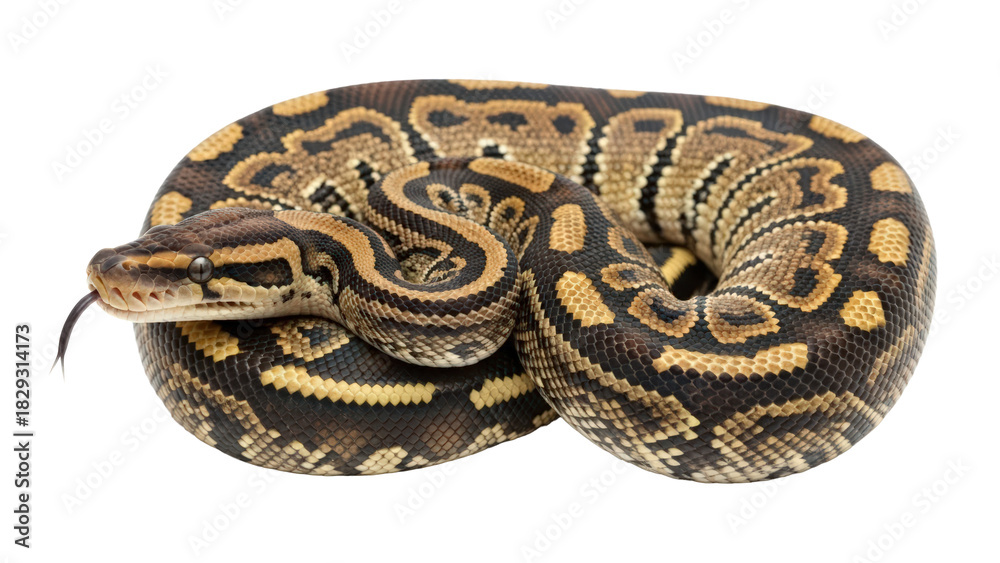 Obraz premium Ball python (python regius) snake reptile coiled with tongue out isolated on transparent background