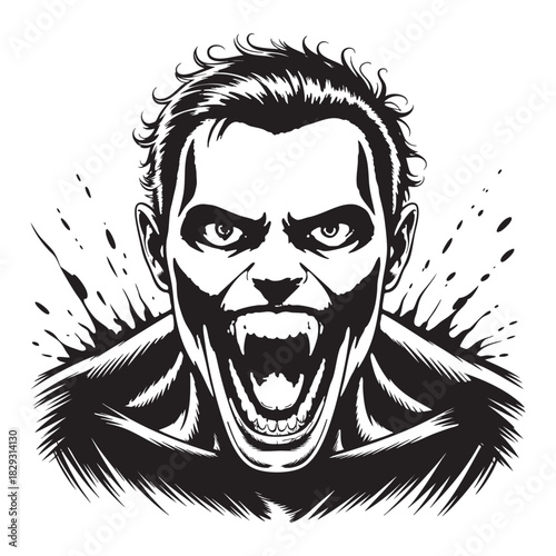 Black and white illustration of a screaming vampire with fangs and wild hair monster horror