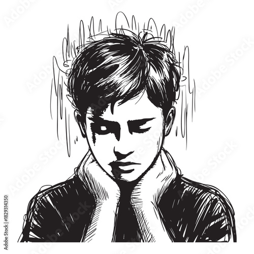 Black and white sketch of a person with head bowed and hands on neck drawing monochrome