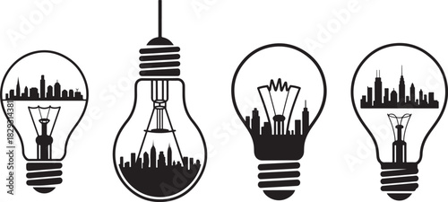 City skylines inside lightbulbs idea concept black and white