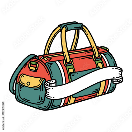 Cartoon style duffel bag with blank ribbon label on transparent background