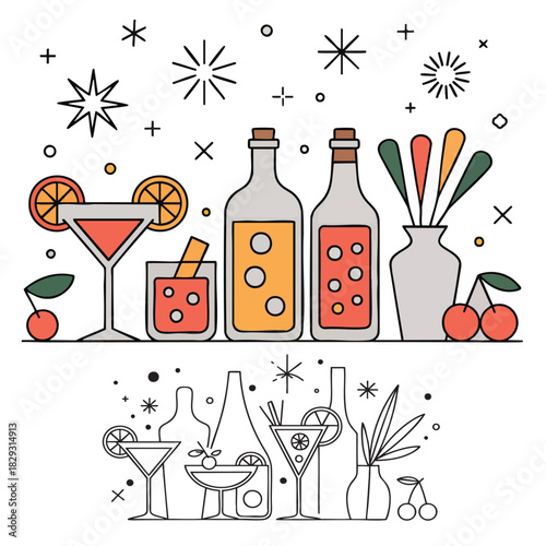 Colorful cocktails and bottles with festive starbursts and cherries drink beverage