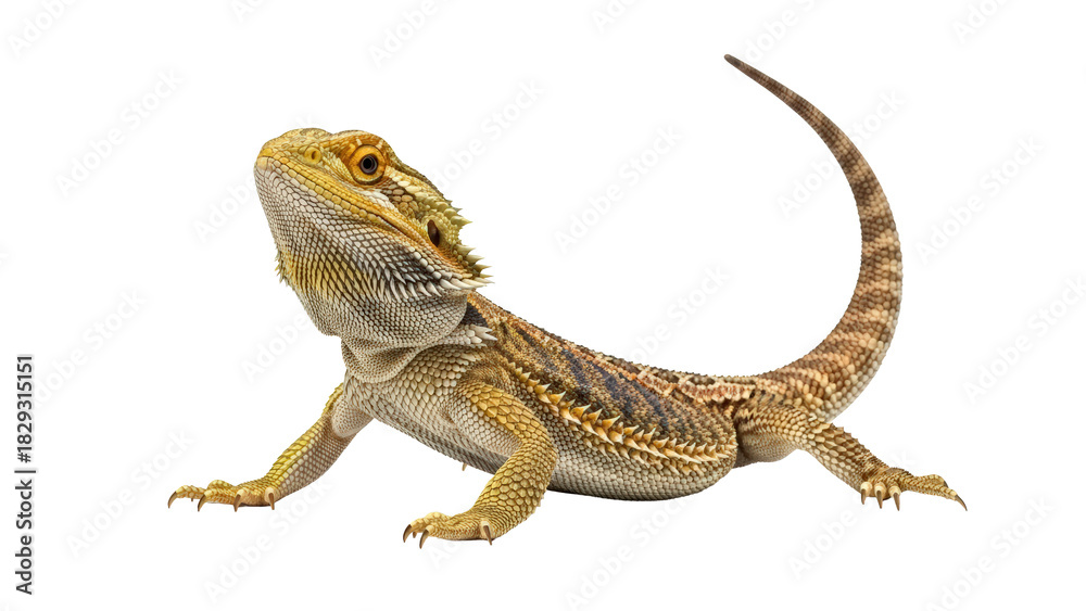 Obraz premium Alert bearded dragon lizard with distinctive scales looking up isolated on transparent background