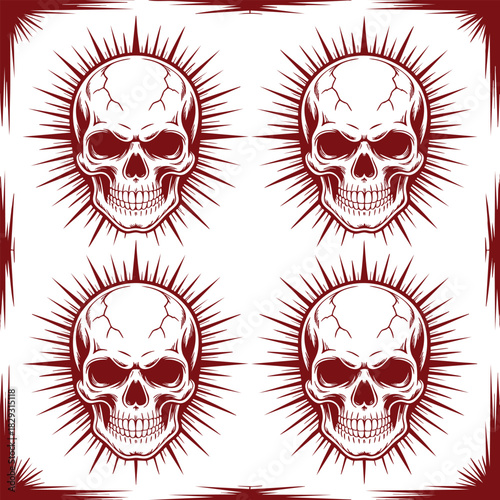 Four dark red skulls with sunburst rays on white background human skull death