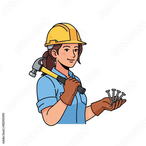 Strong Female Construction Worker Holding Hammer and Nails