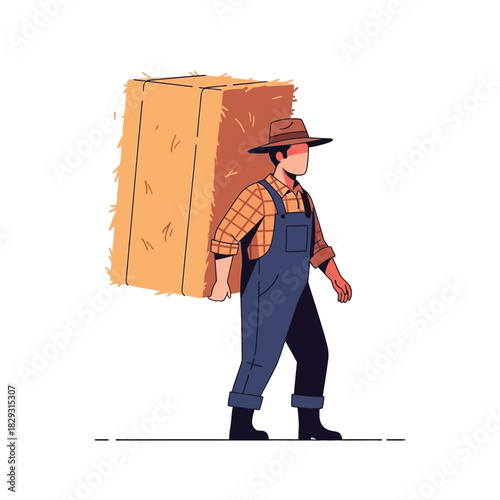 Farmer Carrying Hay Bale Rural Life and Agriculture Illustration