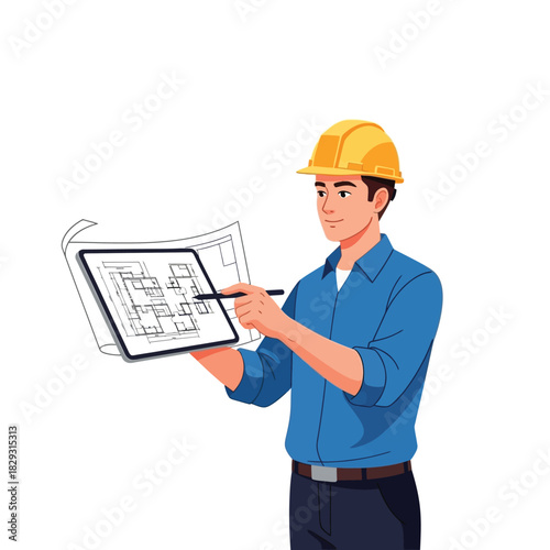 Architect Analyzing Plans with Tablet Construction and Blueprint Review