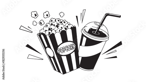 Black and white illustration of popcorn bucket and soda cup with straw, a playful snack duo for movie and party themes.