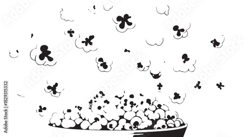 Abstract black and white pot illustration with a dense bloom of tiny shapes rising from a container.