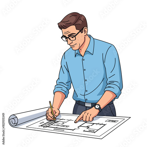 Architect Drawing Blueprint with Pencil Man Planning Project Design