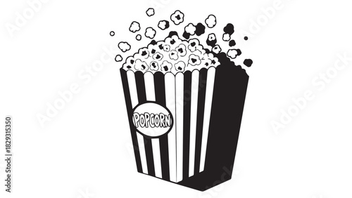 Popcorn bucket with bursting kernels in a striped classic snack container, a movie night snack decoration.