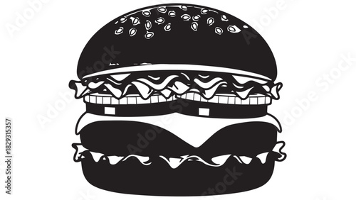 Monochrome illustration of a classic stacked hamburger with sesame bun.