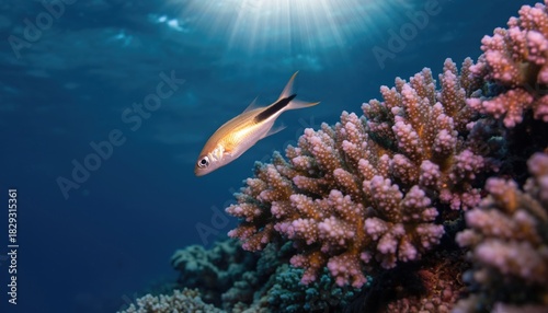 Fototapeta Naklejka Na Ścianę i Meble -  Beautiful fish with golden scales swimming past a pink coral reef in clear blue water