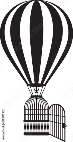 Hot air balloon with birdcage black and white illustration