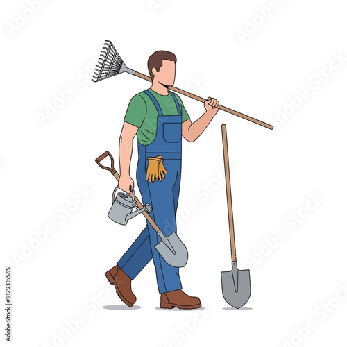 Gardener Ready with Tools Shovel, Rake, Gloves, Watering Can