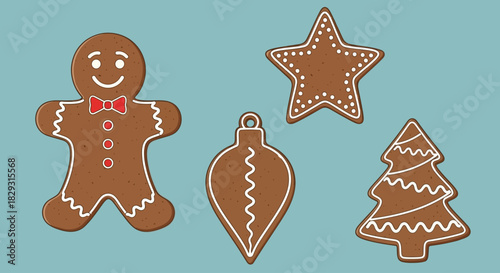 Festive Christmas Gingerbread Cookie Ornaments Illustration on Blue Background