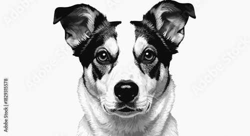 Cute Black and White Dog Portrait Looking Away on White Background
