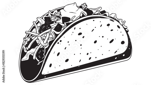 Hand-drawn black and white illustration of a taco with fillings and toppings.