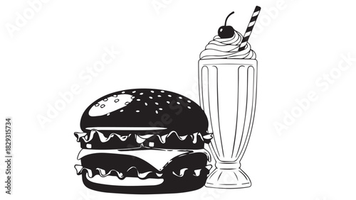 Delicious fast food meal with a classic hamburger and creamy milkshake.