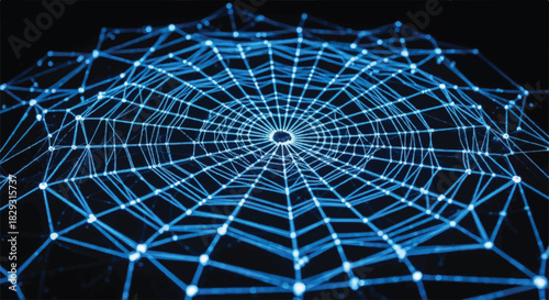 Blue Glowing Digital Spider Web Network Grid Technology Background