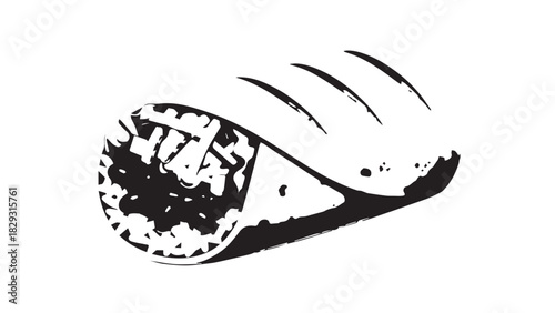 Dynamic black and white abstract silhouette of a football boot striking a ball in motion.