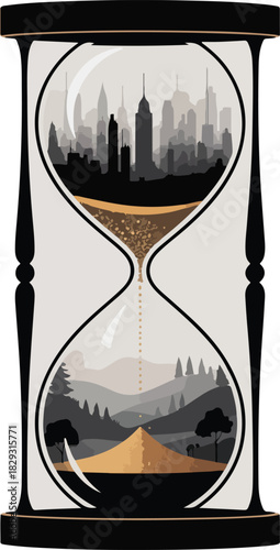 Hourglass with cityscape and nature landscape silhouette