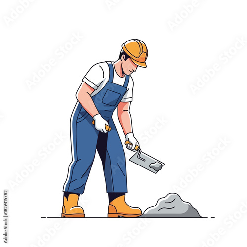 Working Mason Repairing Building with Trowel and Cement