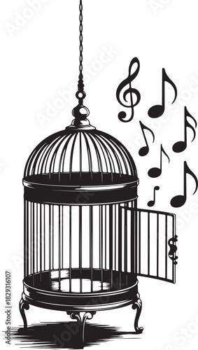 Open birdcage with musical notes illustration in black and white