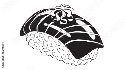 Assorted nigiri sushi piece served on a plate, Japanese cuisine illustration.