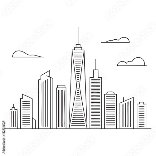 Simple black and white line art cityscape with skyscrapers and clouds skyline buildings