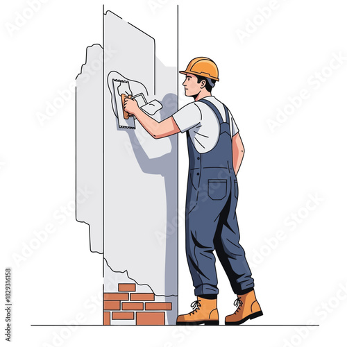 Worker applying plaster to a wall, vector illustration